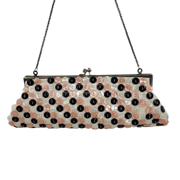 60's/70's Handmade Button Covered Polka Dot Framed Kiss Closure Baguette Pink - Picture 1 of 11